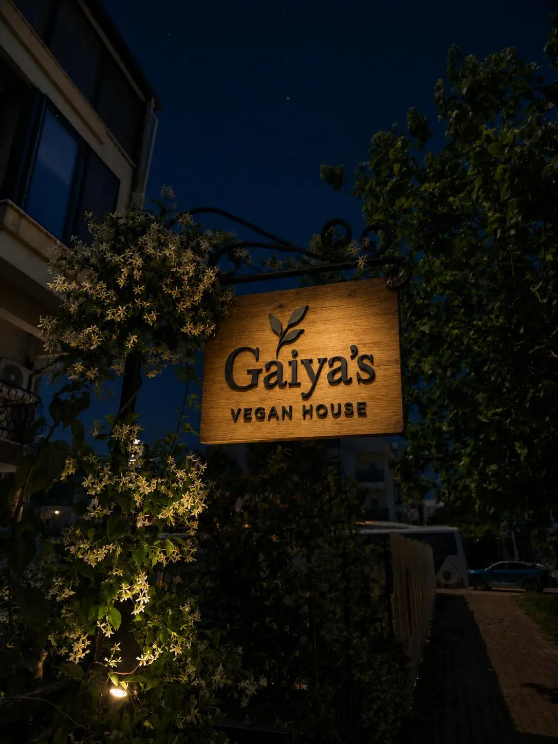 Akşam ışıkları altında Gaiya’s Vegan House tabelası